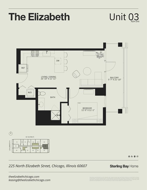 Floor plan for 1 bed, 1 bath, 639 sqft